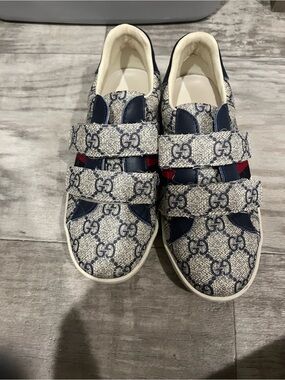 Gucci Blue/White GG Canvas Velcro Strap Sneakers with Red Web inspired